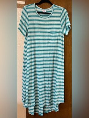 LuLaRoe Carly Aqua & White Striped Pocket Dress